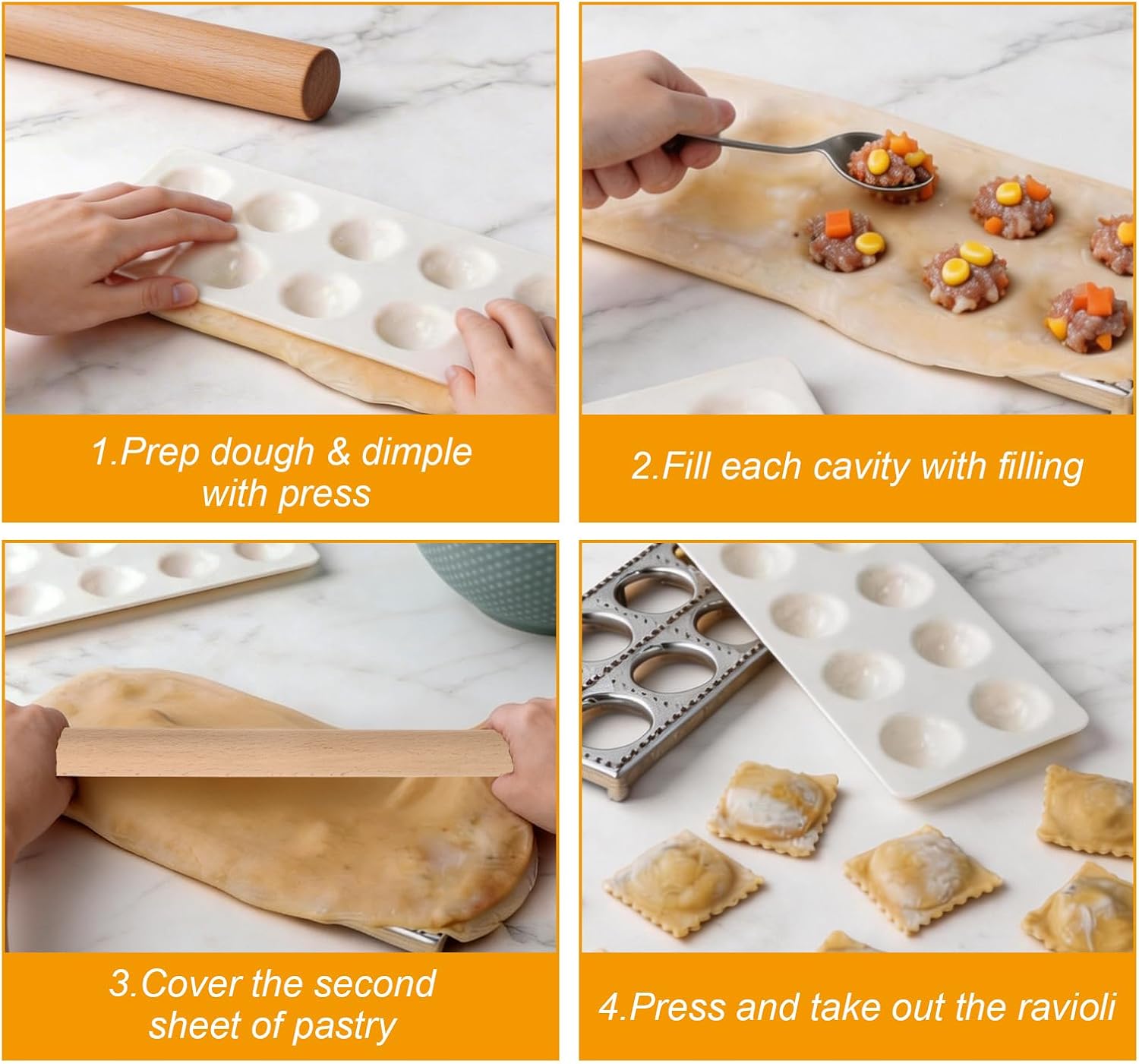 5Pcs Ravioli Maker Set, 12 Hole Ravioli Mold with Rolling Pin and 3 Pasta Stamp Makers Cutters, Ravioli Cutter for Homemade Pasta Dumplings Family Kitchen Parties