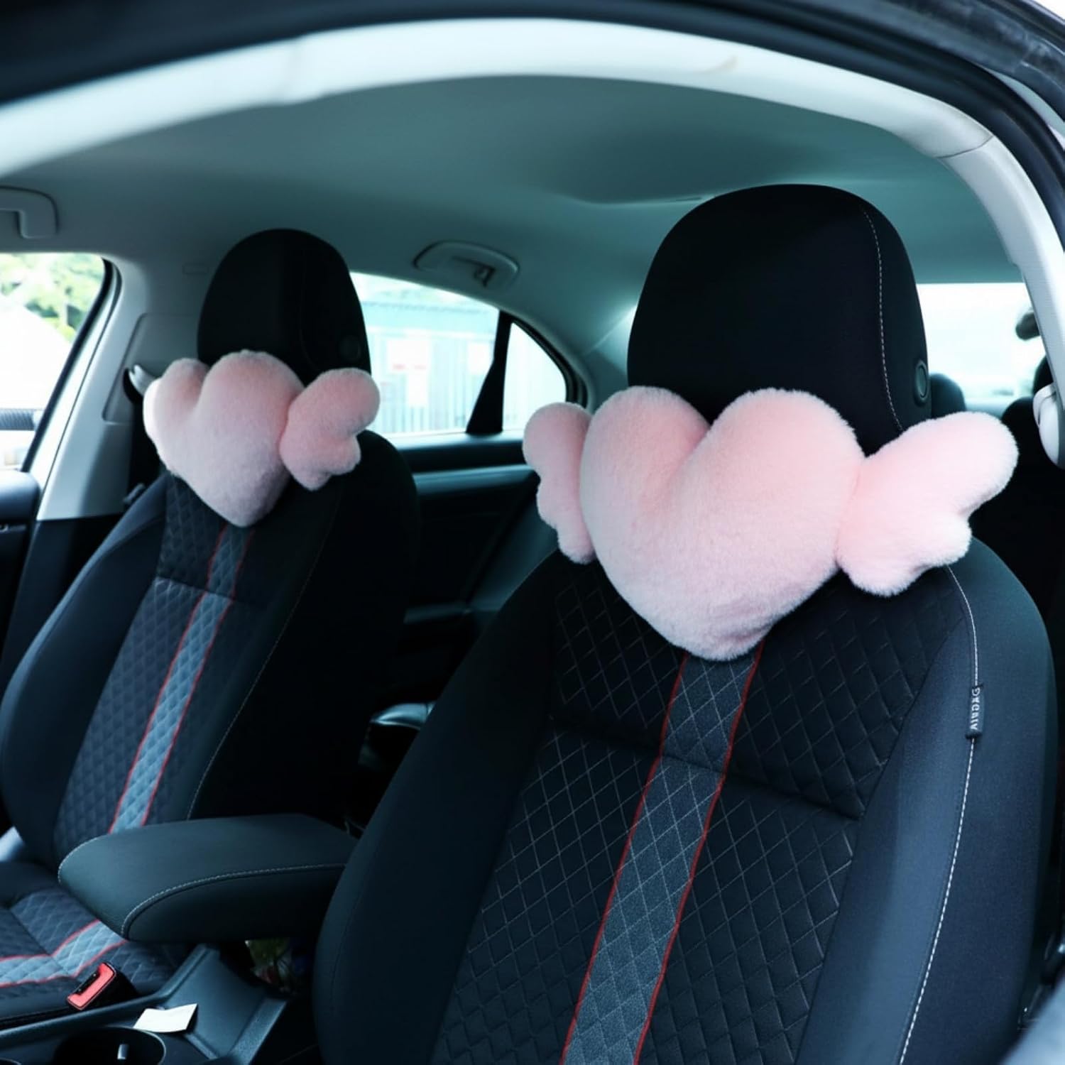 Macarrie 2 Pcs Plush Heart Shaped Pillow with Angel Wings Car Headrest Soft Comfortable Seat Pillow for Driving Travelling Room Office Car Decor, 19.7 x 8.3 Inch(Pink)