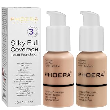 PHOERA Foundation, PHOERA Matte Liquid Foundation,PHOERA Makeup for Women, PHOERA Foundation Full Coverage Concealer, 30ml 24HR Matte Oil Control Concealer 103+104/Warm peach+Buff Beige