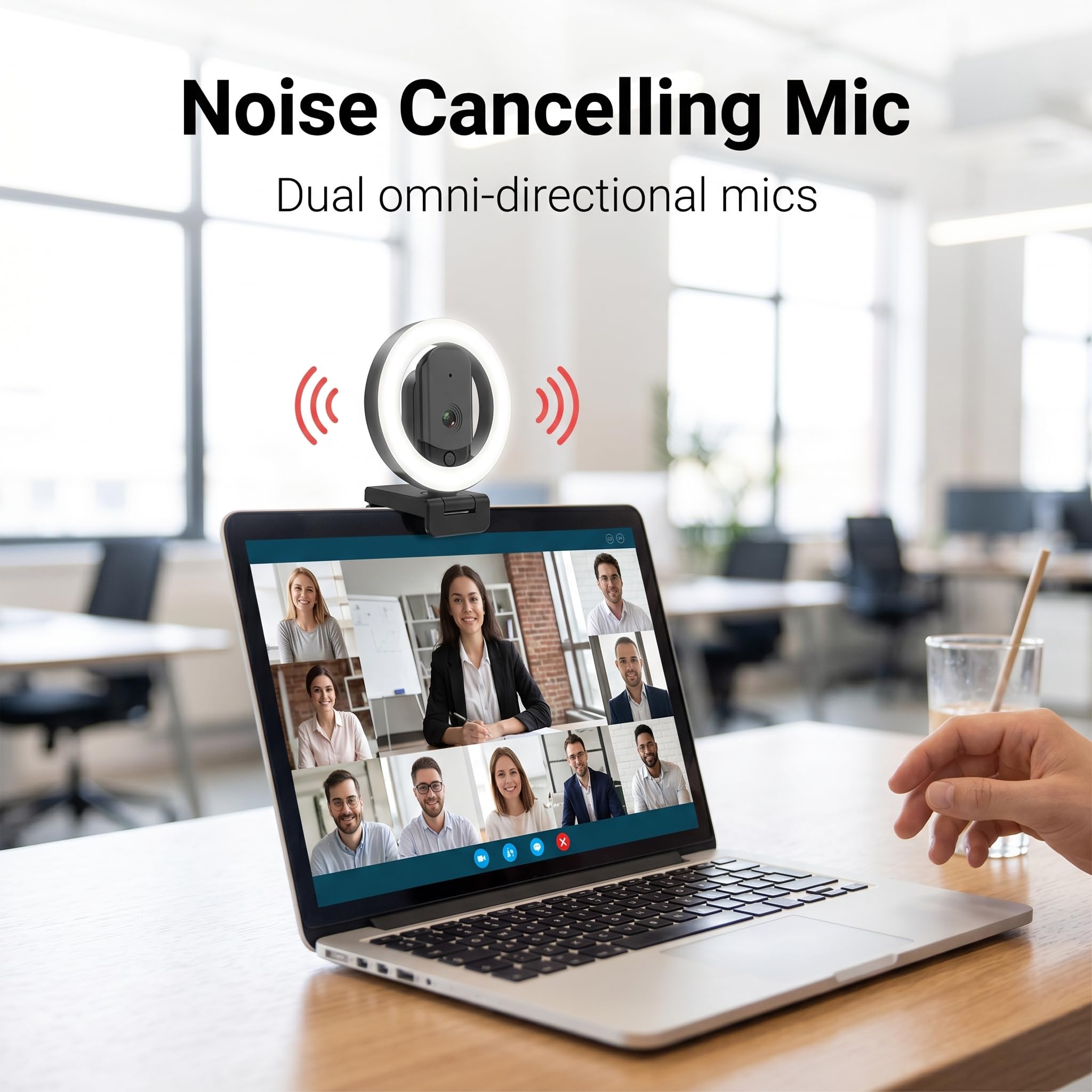 Cámara web 4K Ultra HD con micrófono, luz de relleno de 3 colores y cubierta de privacidad, cámara web de enfoque automático de gran angular de 90° con trípode y adaptador USB C, Plug & Play