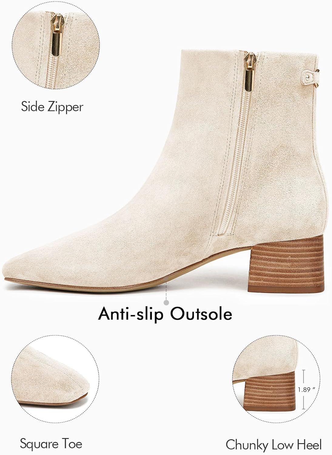 Coutgo Womens Ankle Boots Chunky Low Heel Square Toe Booties Side Zipper Winter Dress Shoes - Image 5