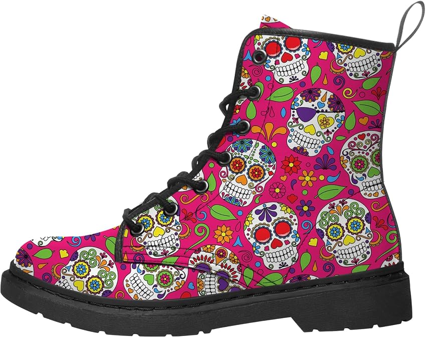 Women's Men's Sugar Skull Boots Skull Combat Boot Lace Up Fashion Ankle Leather Boots