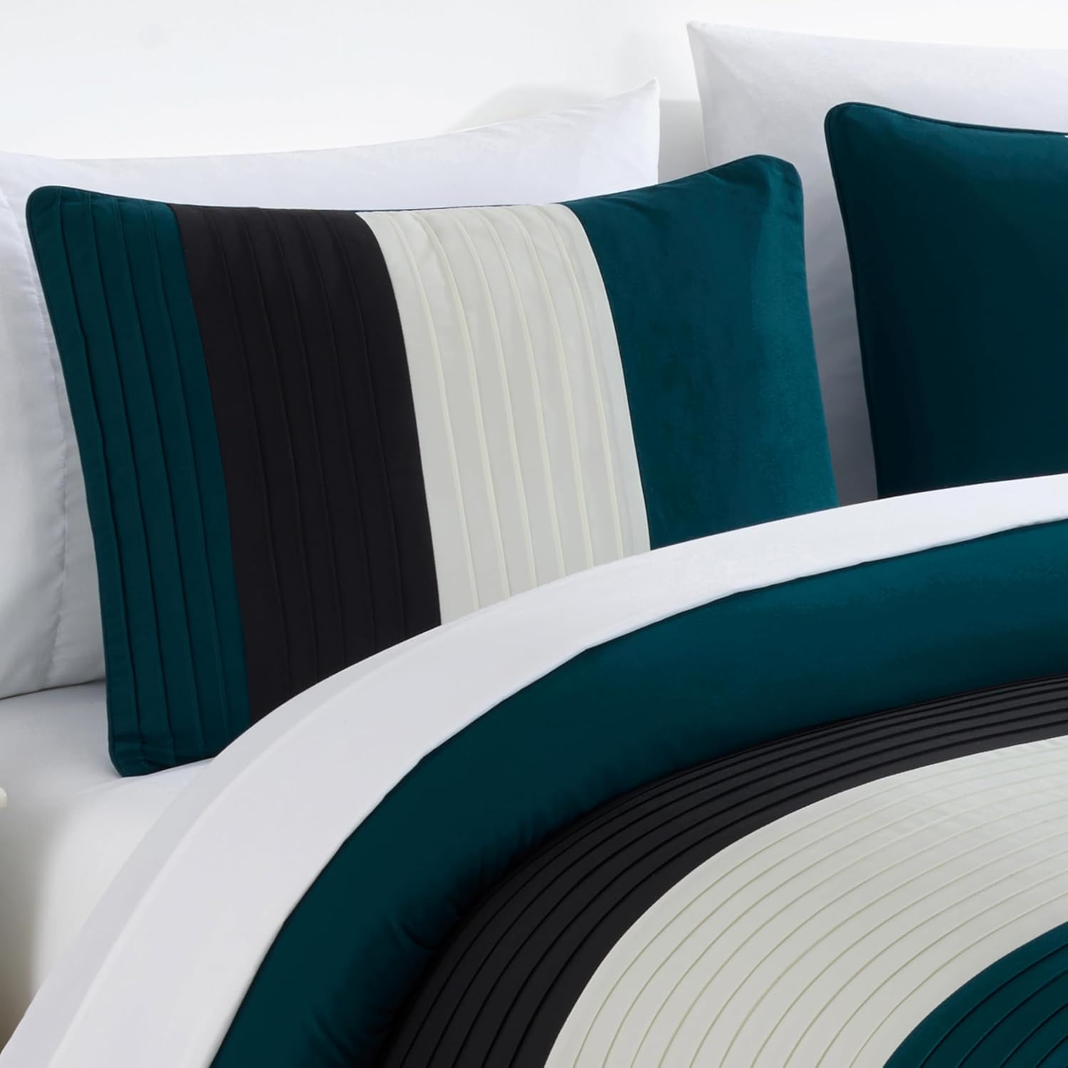 Chezmoi Collection Briar 7-Piece Queen Bed in a Bag - All Season Lightweight Microfiber Comforter Set - Includes Sheets & Shams - Teal/Black/White Pleated Stripe Design - Image 3