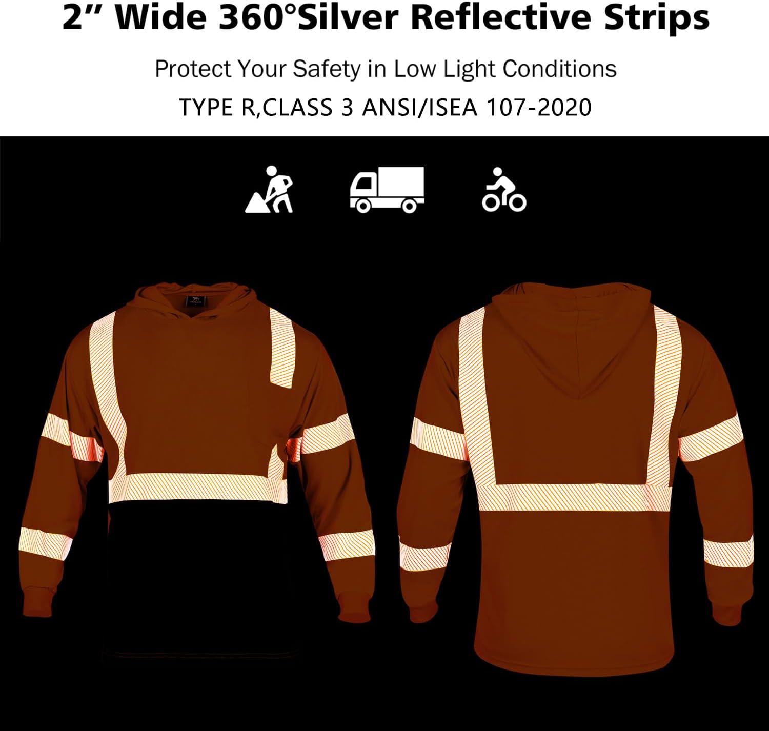 VENDACE 3pcs Safety Reflective High Visibility Long Sleeve ANSI Class 3 Hi Vis Construction Work T Shirts for Men with Hood - Image 5