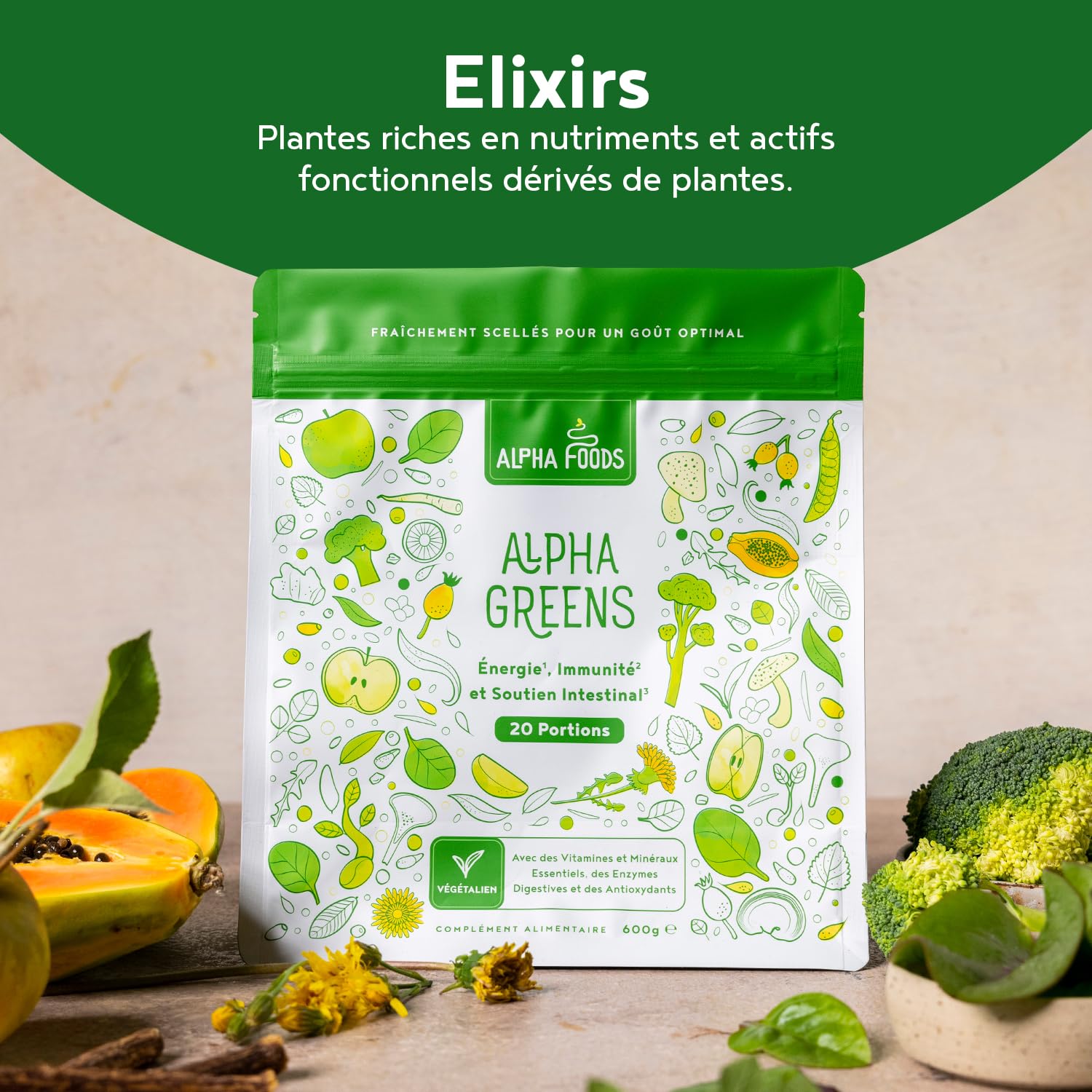 Greens Complex en Poudre 600g | Énergie & Immunité Mélange De Verts Végétalienne | Vitamines B1-B12, CoQ10, Moringa, Spiruline, Chlorella, Matcha | Green Superfoods Smoothie Powder | Alpha Foods