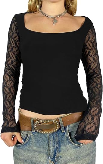 Lace Long Sleeve Tops for Women - Leopard Print Crop Shirts Fall Fashion Square Neck Going Out Basics Tees Y2k Clothes