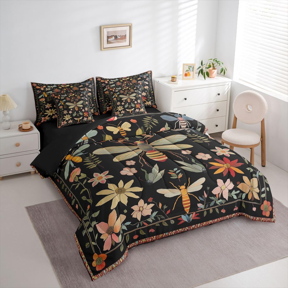 Feelyou Death Moth Comforter Set 7 Pieces Full Size Boho Moth Bedding Set for Kids Teens Adults Bohemian Floral Bed in a Bag 7Pcs,Comforter + Sheets + Pillowcases + Cushion Covers