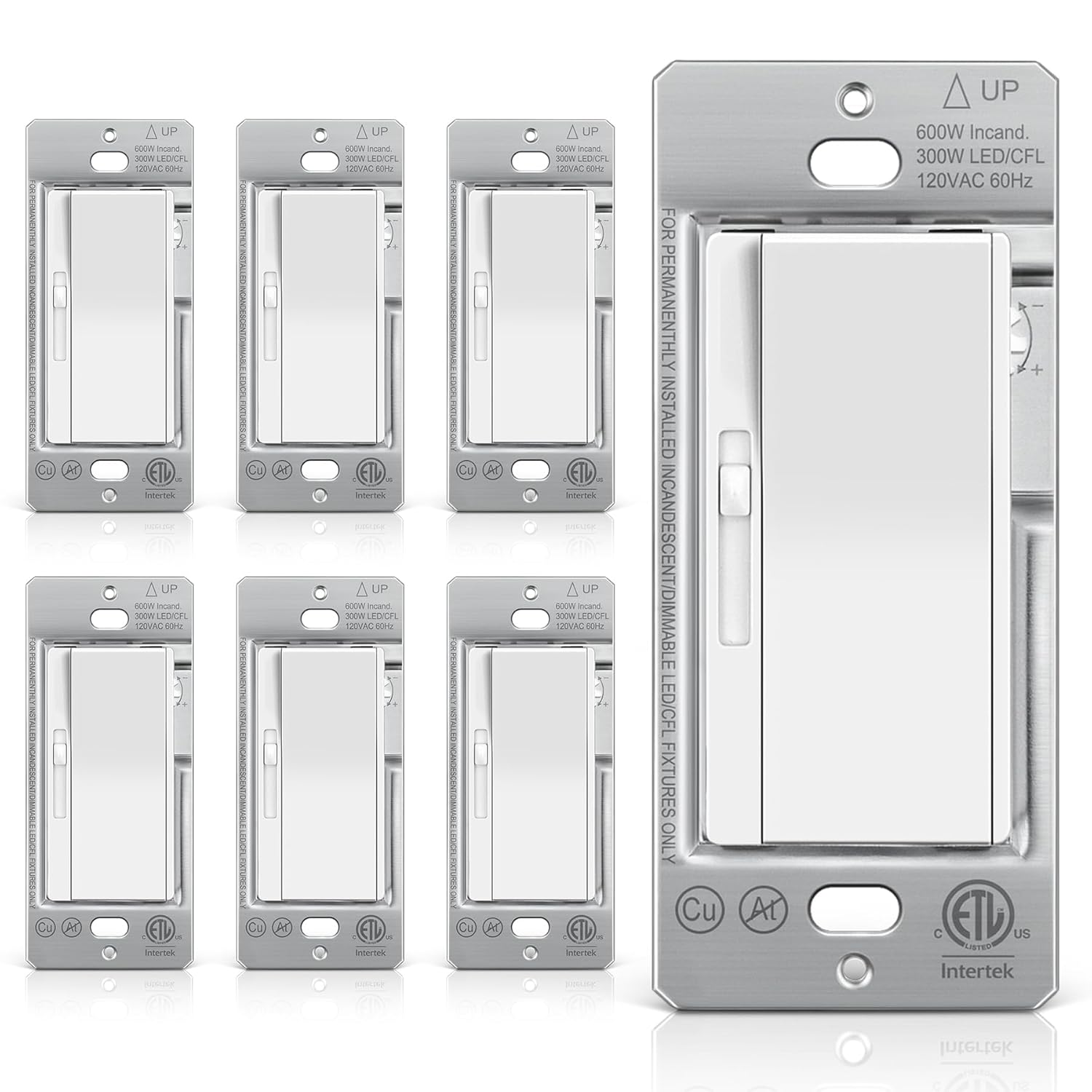 BESTTEN 6 Pack Super Slim Slide Dimmer Light Switch, Single Pole or 3 Way Dimmer Switches, Compatible with LED Dimmable Lamp, CFL, Incandescent, Halogen Bulb, ETL Listed, White