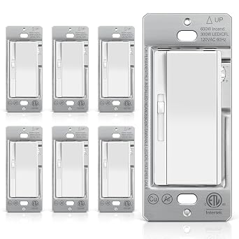 BESTTEN 6 Pack Super Slim Slide Dimmer Light Switch, Single Pole or 3 Way Dimmer Switches, Compatible with LED Dimmable Lamp, CFL, Incandescent, Halogen Bulb, ETL Listed, White