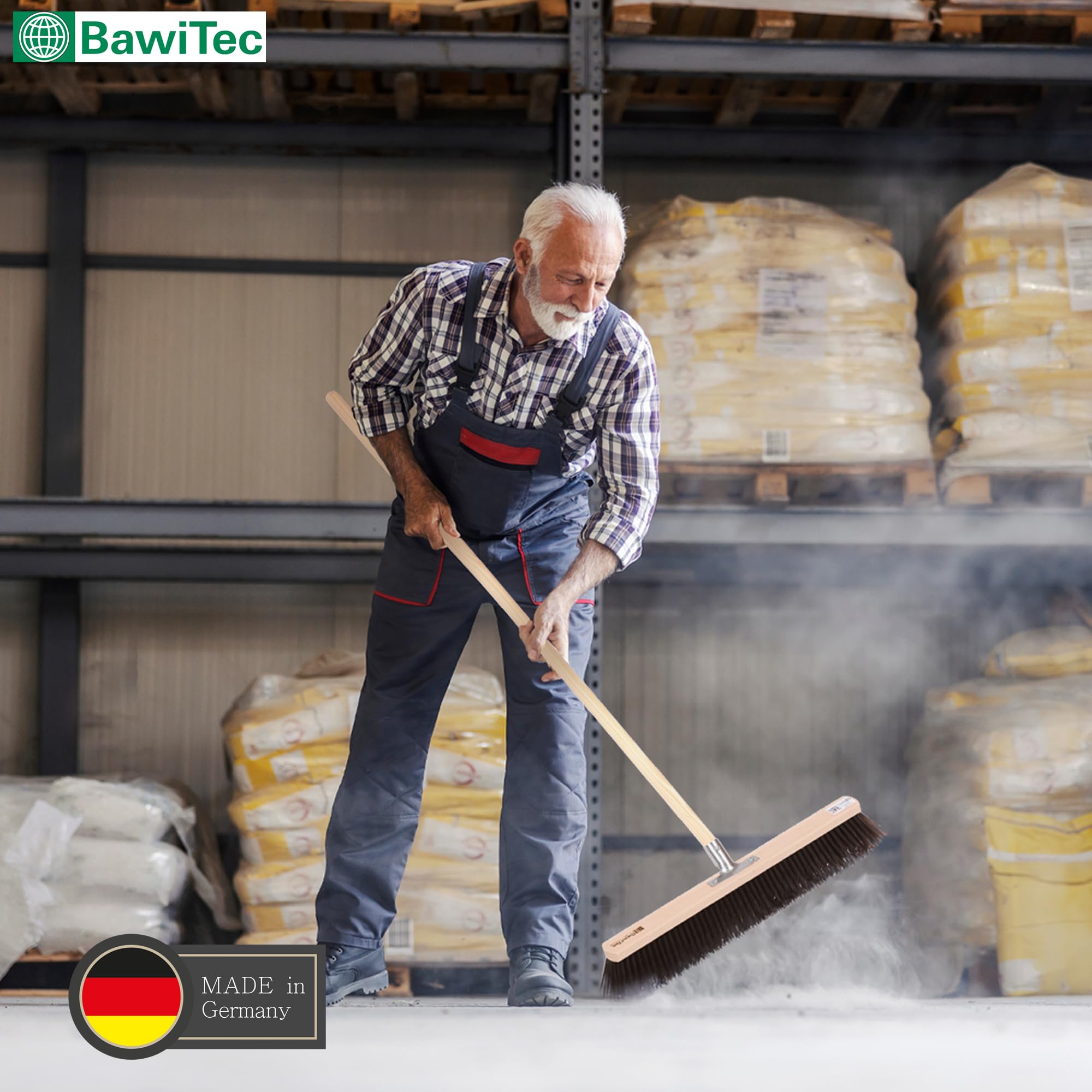 Profi Saalbesen weiche Kunsthaar Borsten 100cm mit Stiel 160cm Lang Besen | Mit Geräte-Holzstiel Ø28mm, Stabiler Metall-Stielhalter, Für glatte Böden, Für Innenbereiche