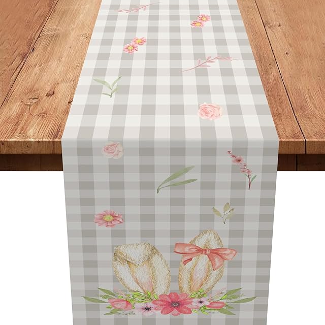 Easter Table Runner,Buffalo Plaid Bunny Table Runner Spring Holiday Dining Table Linens Easter Table Decoration for Home Party Decor Indoor Outdoor 13x72 Inch