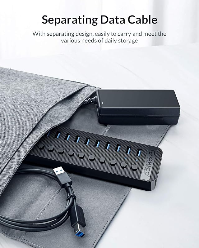 Hub USB 3.0 activ ORICO cu 16 porturi, întrerupătoare individuale, LED și adaptor de alimentare 78W 12V 6.5A pentru PC, iMac, HDD extern, stick USB și iPad