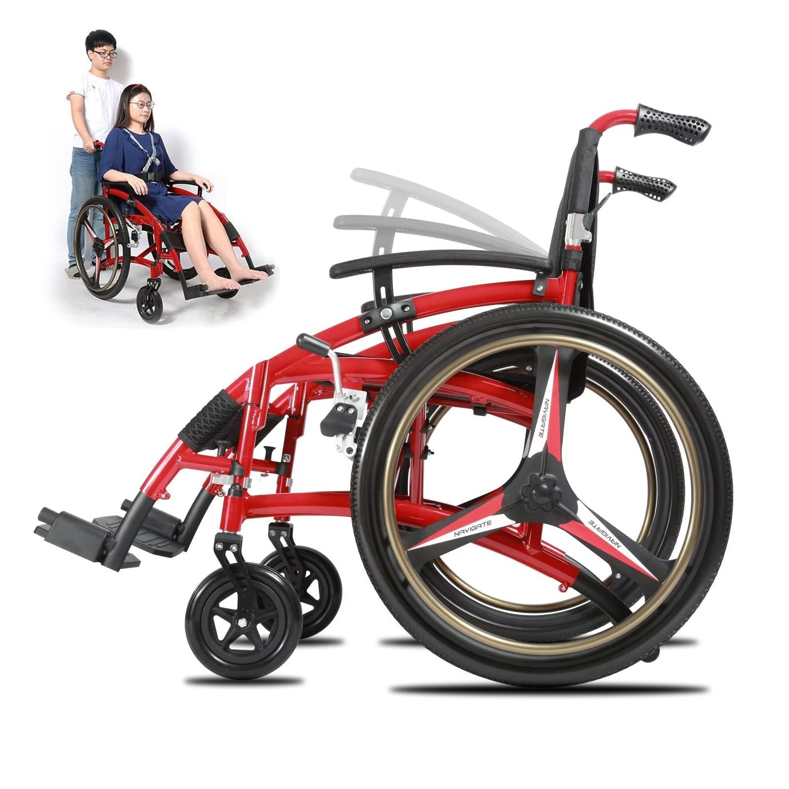 ZwaHce Lightweight Collapsible Wheelchair, Self-Propelled Sports Wheelchair for Adults, Ergonomic Manual Wheelchair, 33 Ibs, with Lifting Armrests, Aluminium Shock Absorbing Driving Trolley