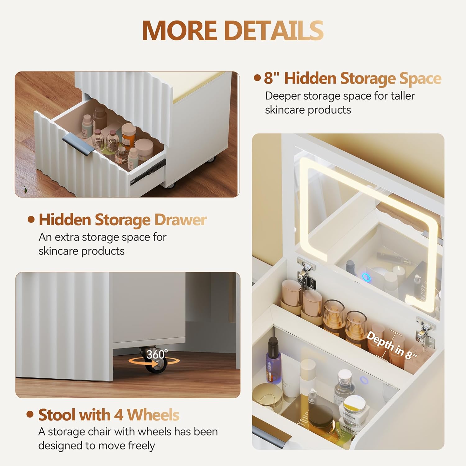 3-in-1 Small Vanity Desk with Flip Top Mirror and Lights,Fluted Compact Makeup Vanity with Storage Stool and Drawers,Mini Vanity Table Set for Bedroom Furniture,White