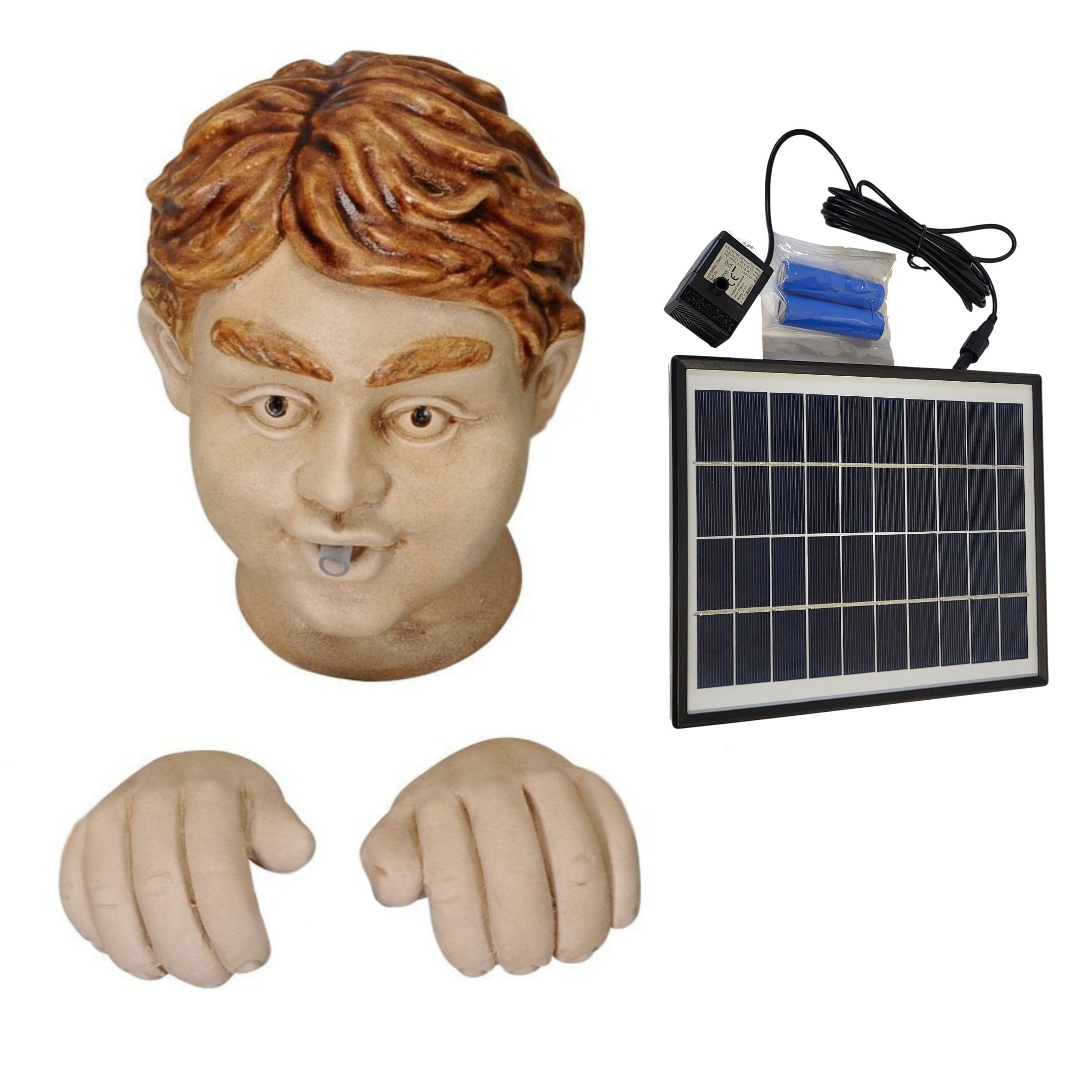 Storm's Gartenzaubereien Wasserspeier Kopf mit Händen Solar mit Akku Pumpe - Keramik Teichfigur fürMiniteich - Wasserspiel Garten Deko Gesicht - Set mit 6,5W Solarmodul