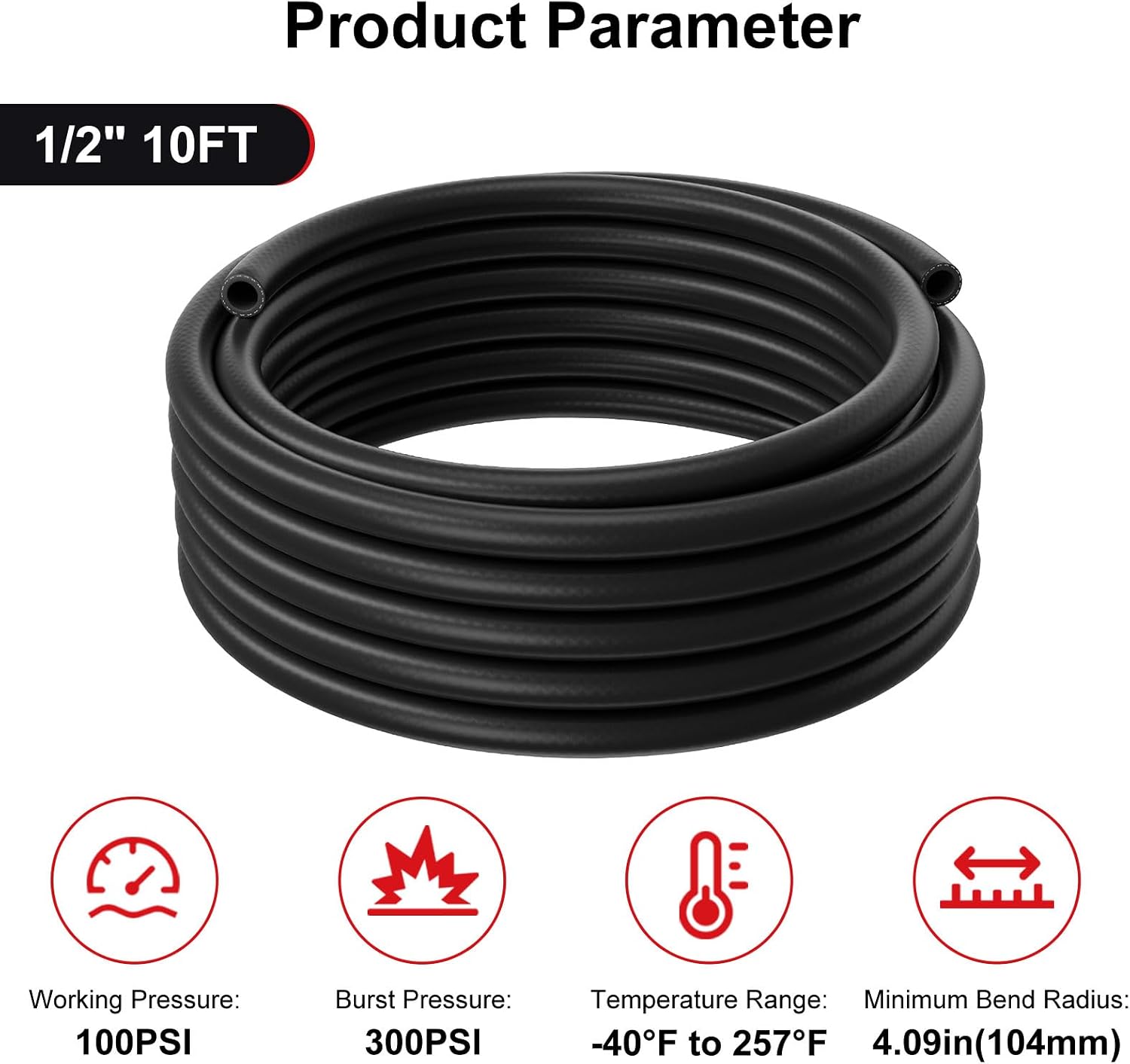 SAE 20R3 1/2 Heater Hose, 1/2" 10FT Coolant Radiator Hose 100PSI Black