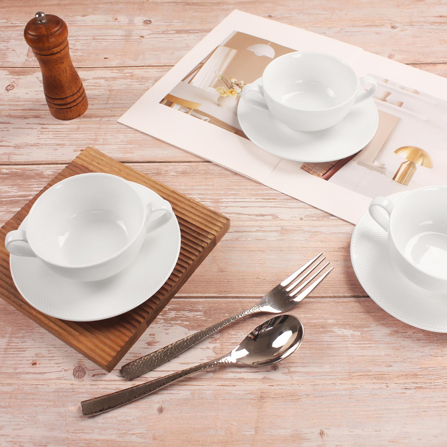 Solid Soup Bowls breakfast cup, French onion soup bowls with handles, Porcelain Soup Bowls/Cracker Bowls Sets for Breakfast, Bread Dipping Bowls, 11 oz Soup cup with saucer 8-piece