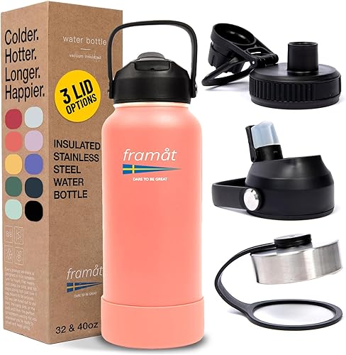 Falkenberg - Botella de agua de acero inoxidable con aislamiento de 32 onzas con popote, 24 horas de frío, 12 calientes, metal, a prueba de fugas y