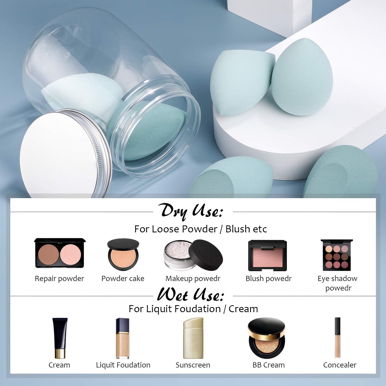 BS-MALL Makeup Sponge 6 Pcs blender sponge for Liquid, Cream, and Powder, Multi-colored Makeup Sponges Blue Color