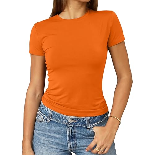Abardsion Women's Casual Basic Going Out Crop Tops Slim Fit Short Sleeve Crew Neck Tight T Shirts 2025