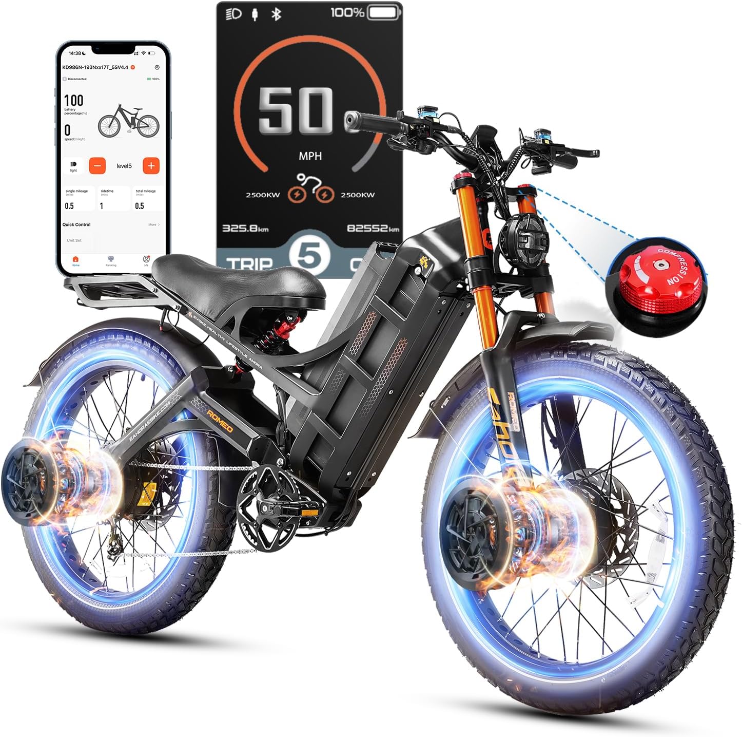 eAhora Romeo Pro 3 Electric Bike for Adults, 5600W 50MPH Dual Motor Ebike, 60V 80AH 250Miles Long Range Electric Bike, 26" *4.0 Fat Tire Electric Mountain Bike Full Suspension Off-Road E-Bike, UL2849