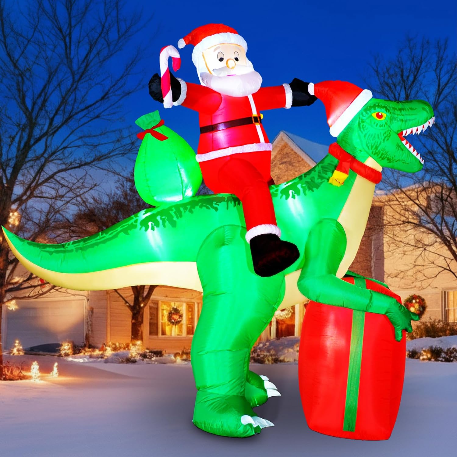 9x7.38ft Christmas Inflatables Santa Riding Dinosaur with Built-in LED,Dinosaur Inflatable Christmas Blow Up Yard Decorations with Water Bags Stakes Strings Gift Bag for Garden Yard Party Lawn