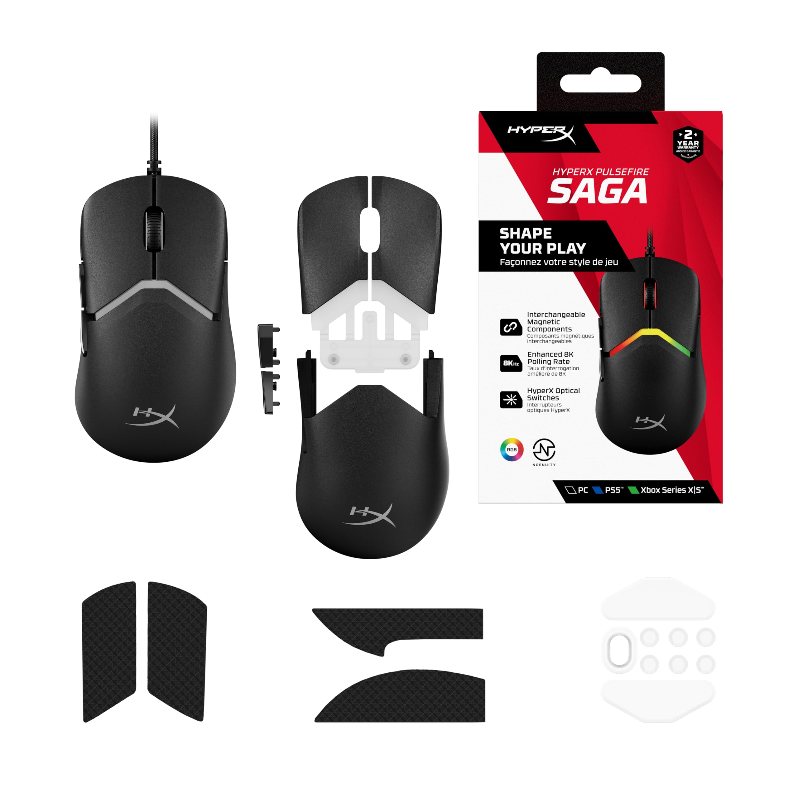 HyperX Pulsefire Saga, Souris Gaming Filaire Ultra-légère modulable de 69g, capteur Optique HyperX 26K jusqu'à 26 000 DPI, taux d'interrogation 8 000 Hz, Cordon Hyperflex 2, RGB, Noir