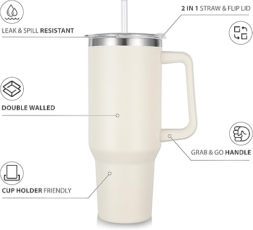 Miniatura 2 de Vaso de 40 onzas con asa y pajita, vaso de acero inoxidable aislado con tapa 2 en 1, taza de café de viaje con doble vacío, taza de café, paquete de