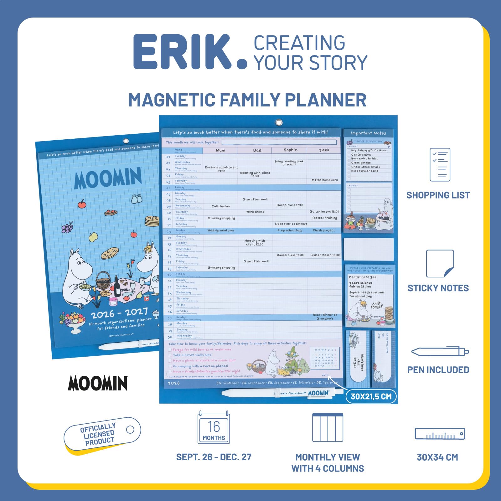 Grupo Erik Magnetic Calendar For Fridge 2027 - Moomins Gifts for Family | Family Planner Calendar 2027 with Stickers, Pen, Shopping List, Sticky Notes | Magnetic Planner 16 Months Sep 2026 - Dec 2027
