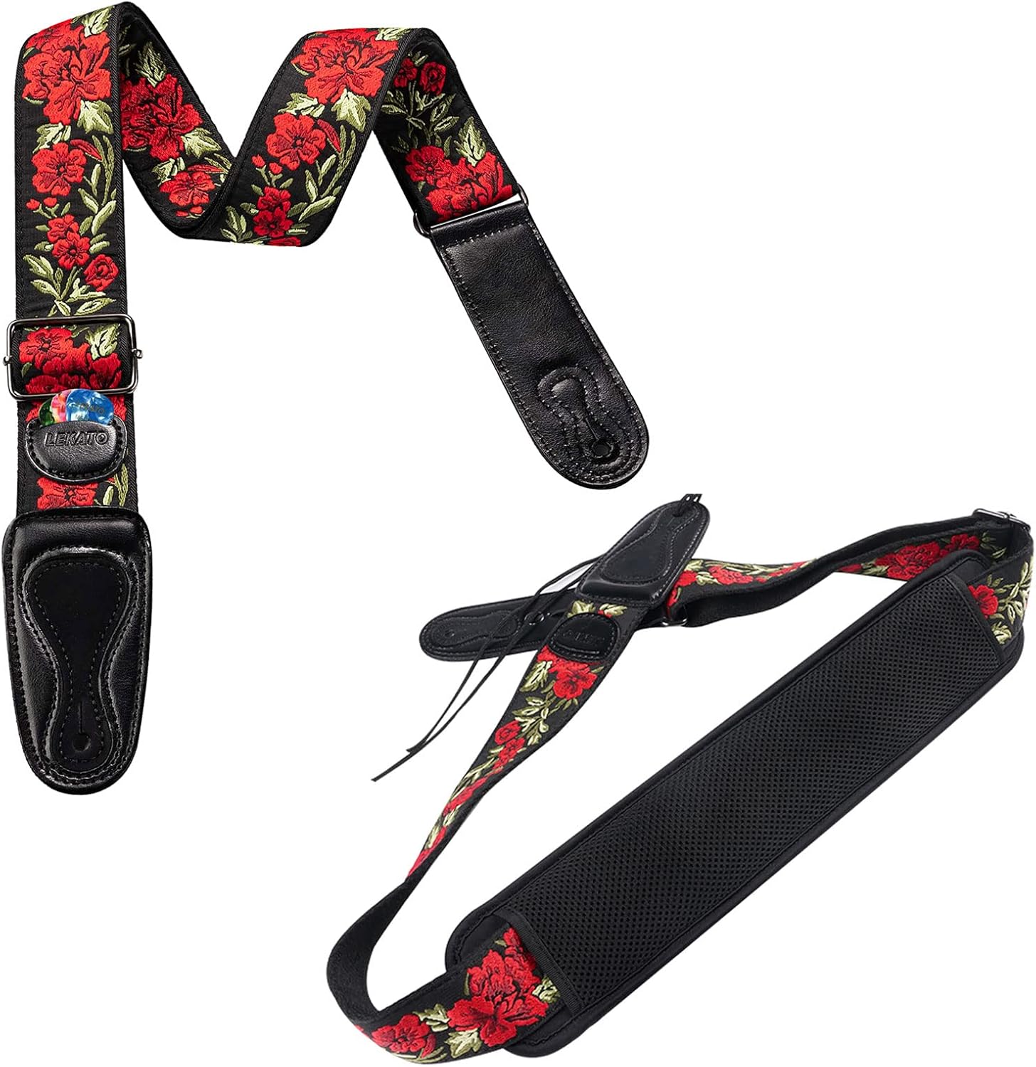 LEKATO Bass Guitar Strap Flower Rose Guitar Strap with Air Cushion Strap Pad Guitar Straps Pad for Bass, Electric & Acoustic Guitars, Bass Strap with Pick Holder 2 Safety Strap Locks and 6 Picks