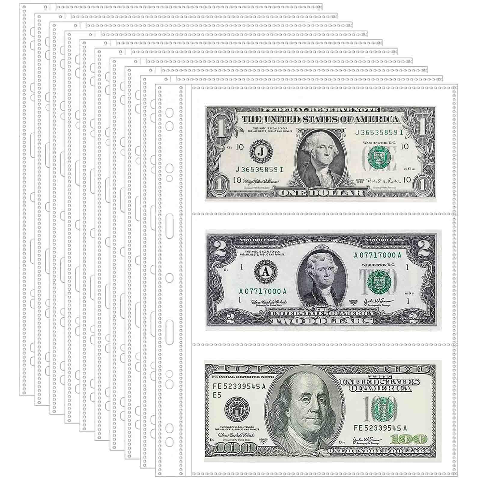 20 Sheets 120 Pockets Currency Sleeves Paper Money Collection Supplies Pages, Currency Collecting Page with 11 Hole Coin Binder Sleeves for Coupon, Bills and Banknotes, Currency Collection Album