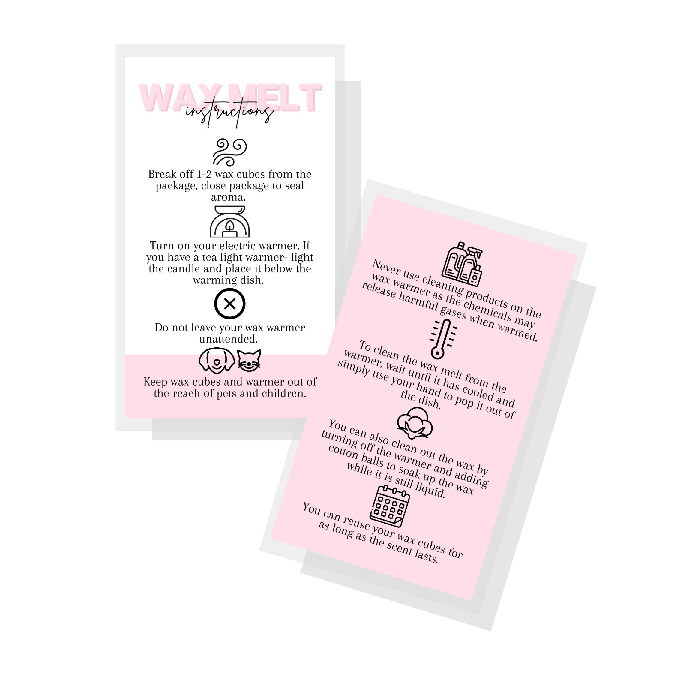 Wax Melt Care Instruction Cards | 50 Pack | 2x3.5” Business Card Wax Melt Supplies Homemade Customer thank you for Warmer Minimalist White and Pink How To Care for wax cube clamshell wickless candle-image-41