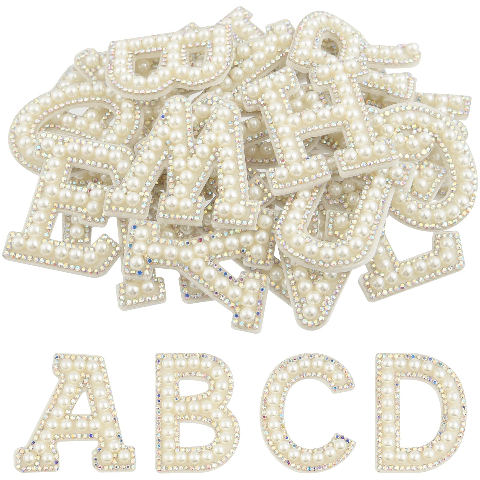 CHRORINE 26/52/78 Pcs Self Adhesive Pearl Rhinestone Letter Patches A-Z, Pearl Letter Alphabet Stickers for Hats, Clothes, Pants, Bags (52, Rainbow, Height 1.9″)
