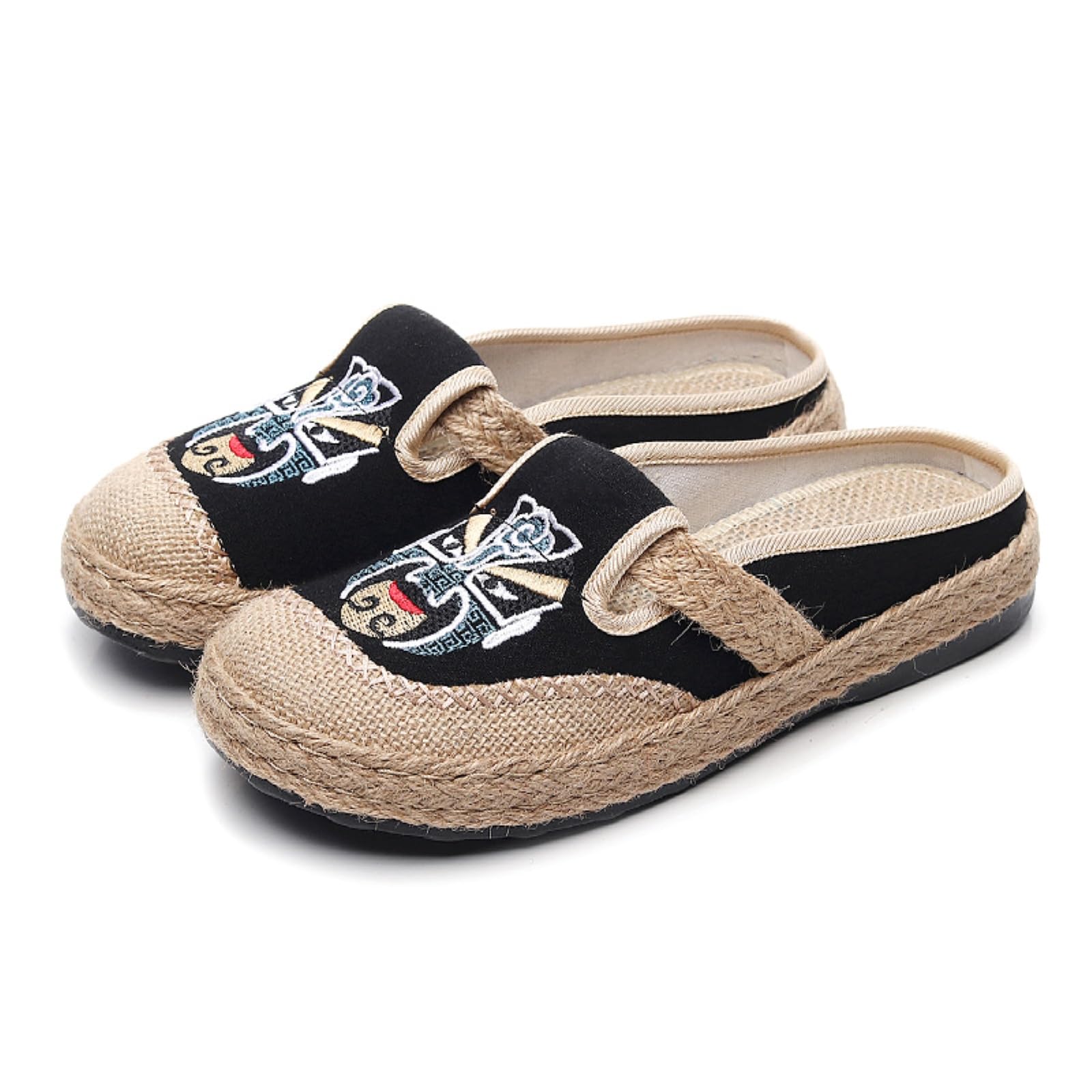 Gyios Women's Black Clogs & Mules Chinese Opera Mask Embroidery Linen Mule Slippers, Slip-On Flat Pu Sole Casual Shoes For Dresses Pants Daily Wear-41