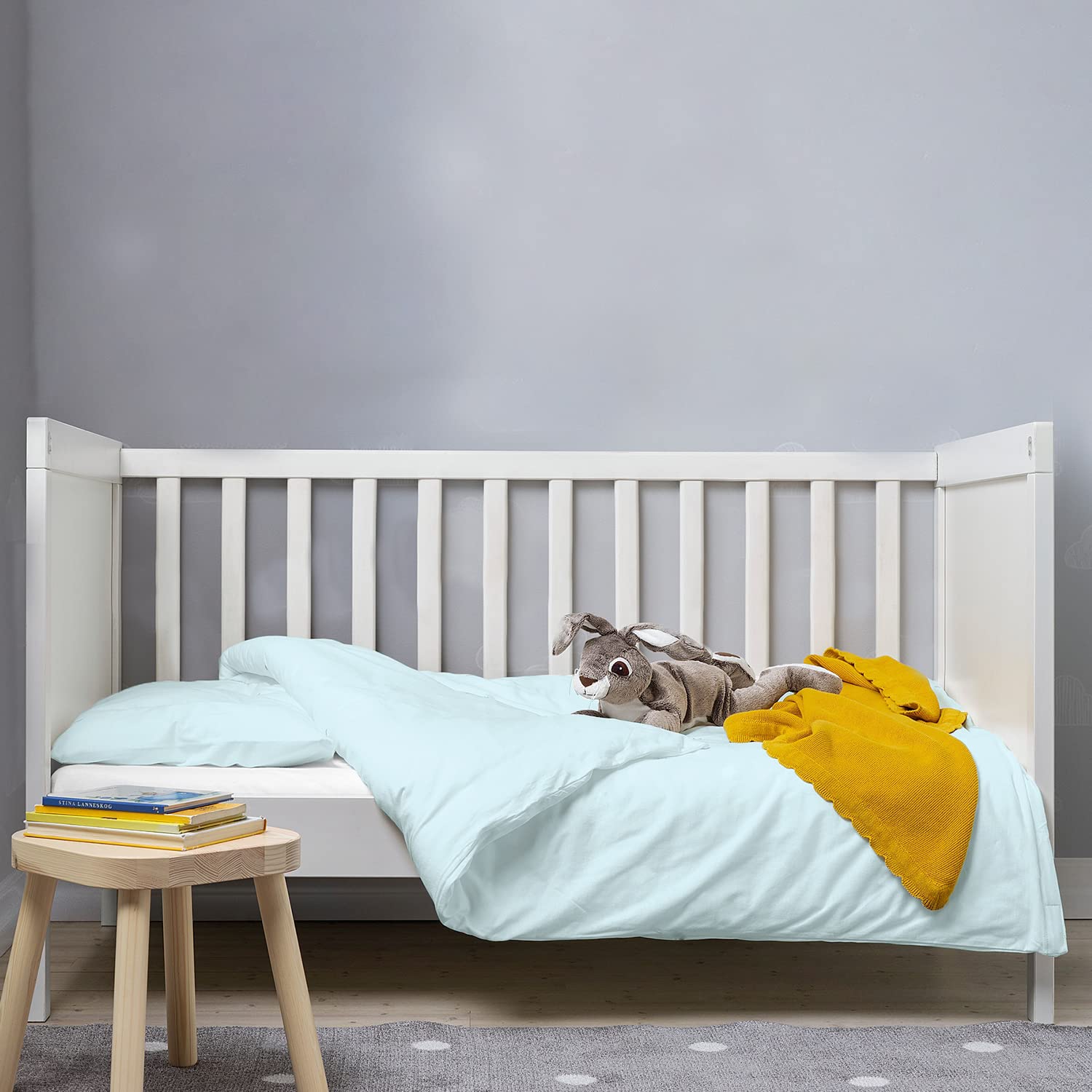 Pizuna Baby Blue 100% Cotton Crib Duvet Cover 400 Thread Count Long Staple Cotton Duvet Cover 100X135 Cm, Soft Sateen Weave Toddler Bedding Set Include 1 Duvet Cover And 1 Baby Pillow Case