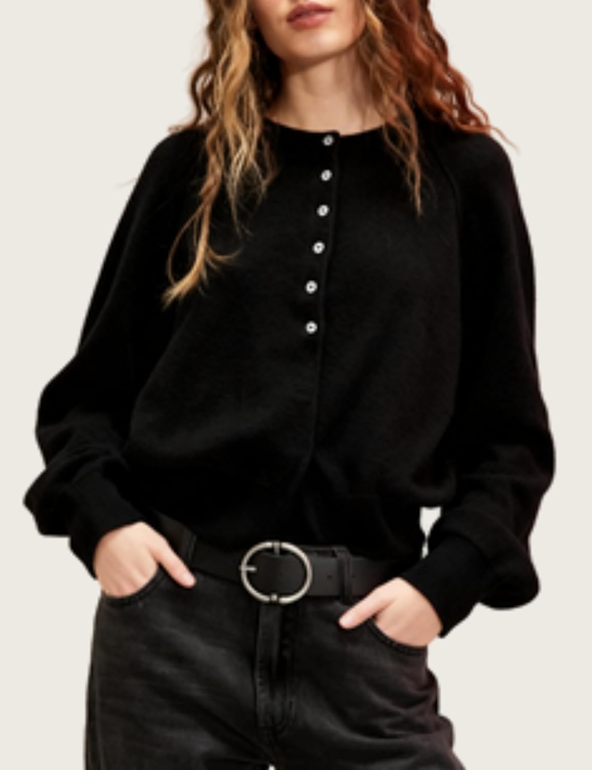 Esmeling Women Casual Button Front Sweater Henley Neck Long Sleeve Knitwear Solid Cropped Pullover Sweater - Image 3