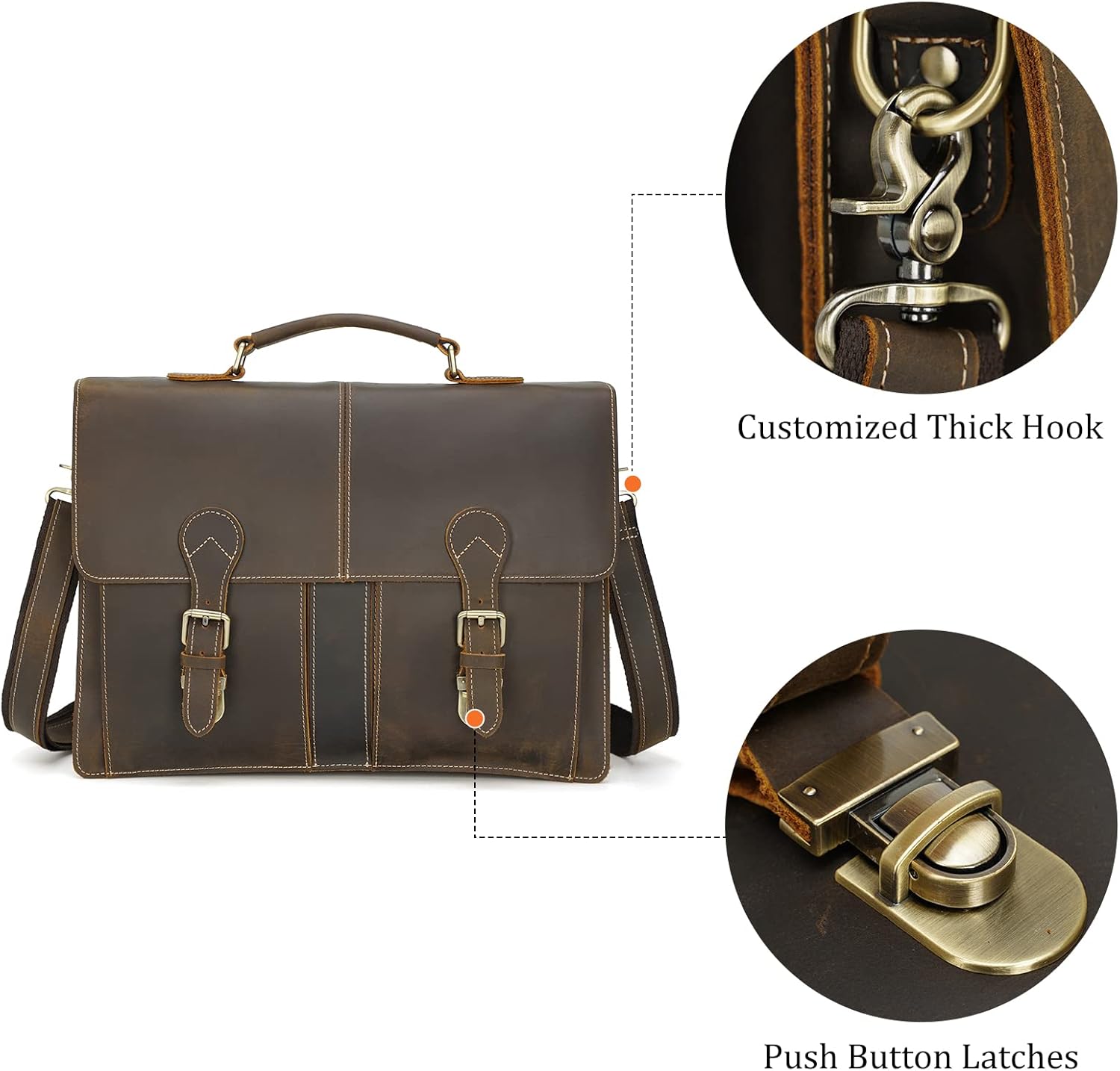 Polare 16" Full Grain Leather Messenger Bag Laptop Briefcase Bag Professional Work Bag For Men with YKK Zippers