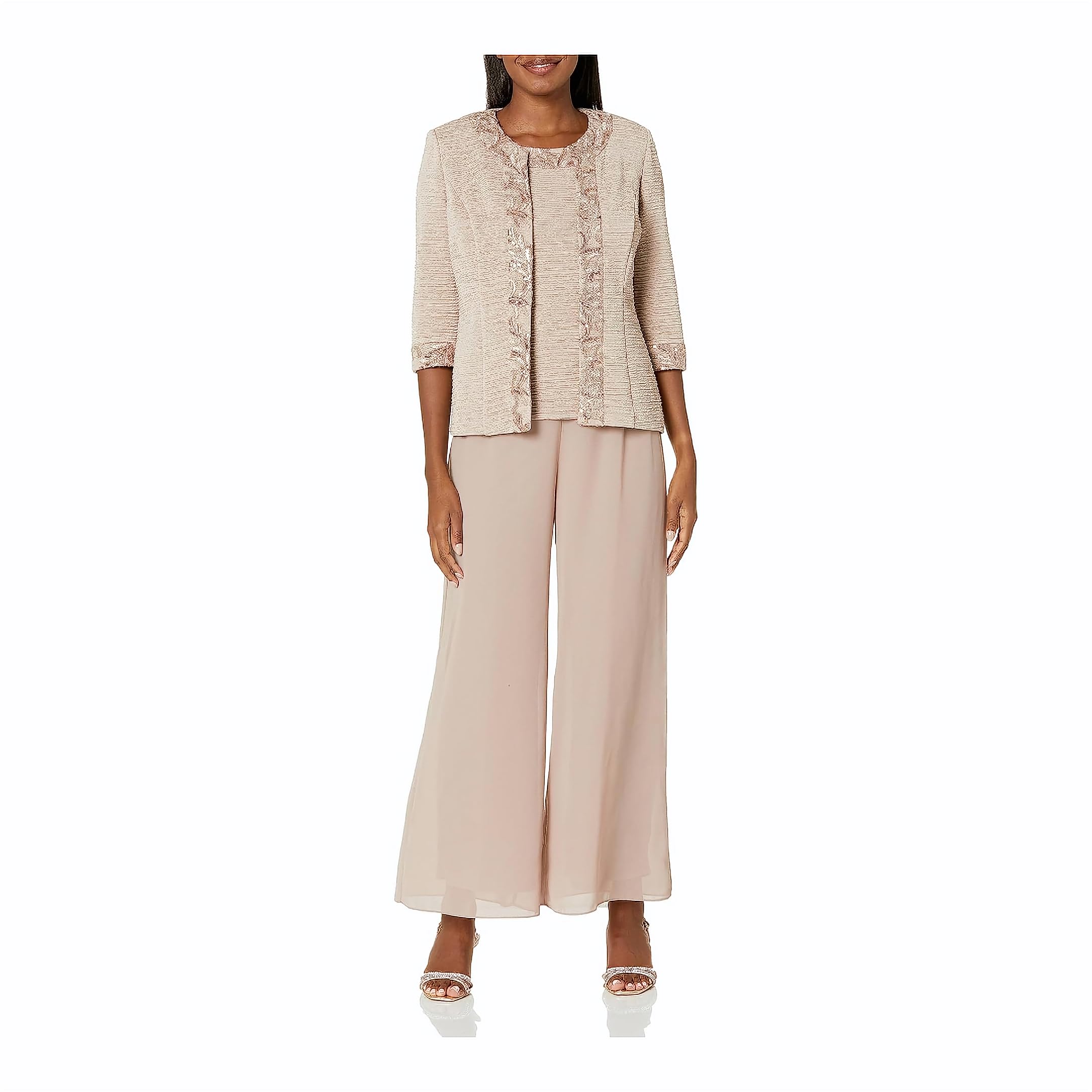 Le Bos Womens Elegant 3-Piece Georgette Pant Set with Sequin Embroidered Trim