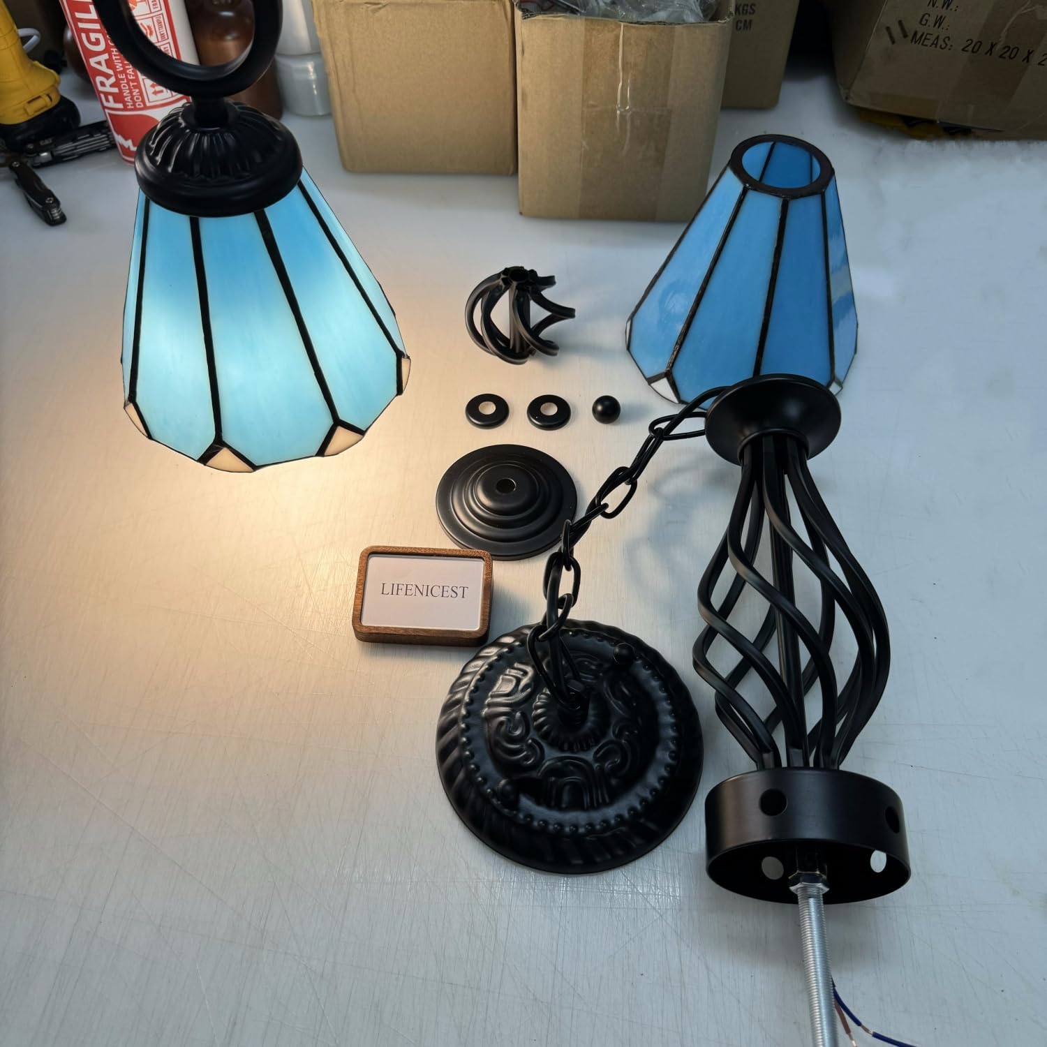 Vintage Chandelier Blue Stained Glass Chandeliers Cone Shape Glass Pendant Light 8 Lights Tiffany Style Dining Room Hanging Lamp