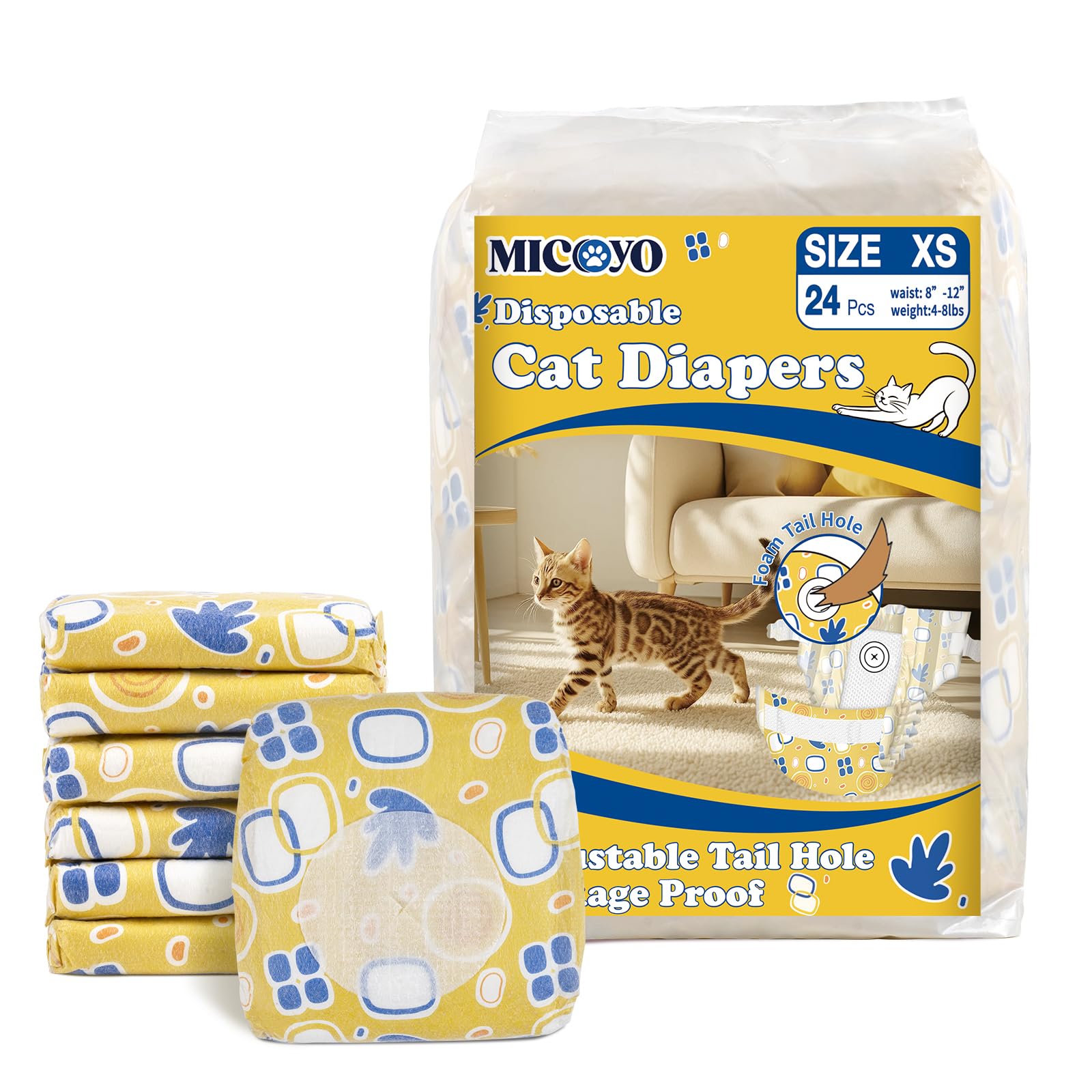 MICOOYO Couche pour Chat pour Chats, Couches pour Chats Super absorbantes avec Trous en Mousse Ajustables, Couches jetables pour en Chaleur (XS, 24 pièces)