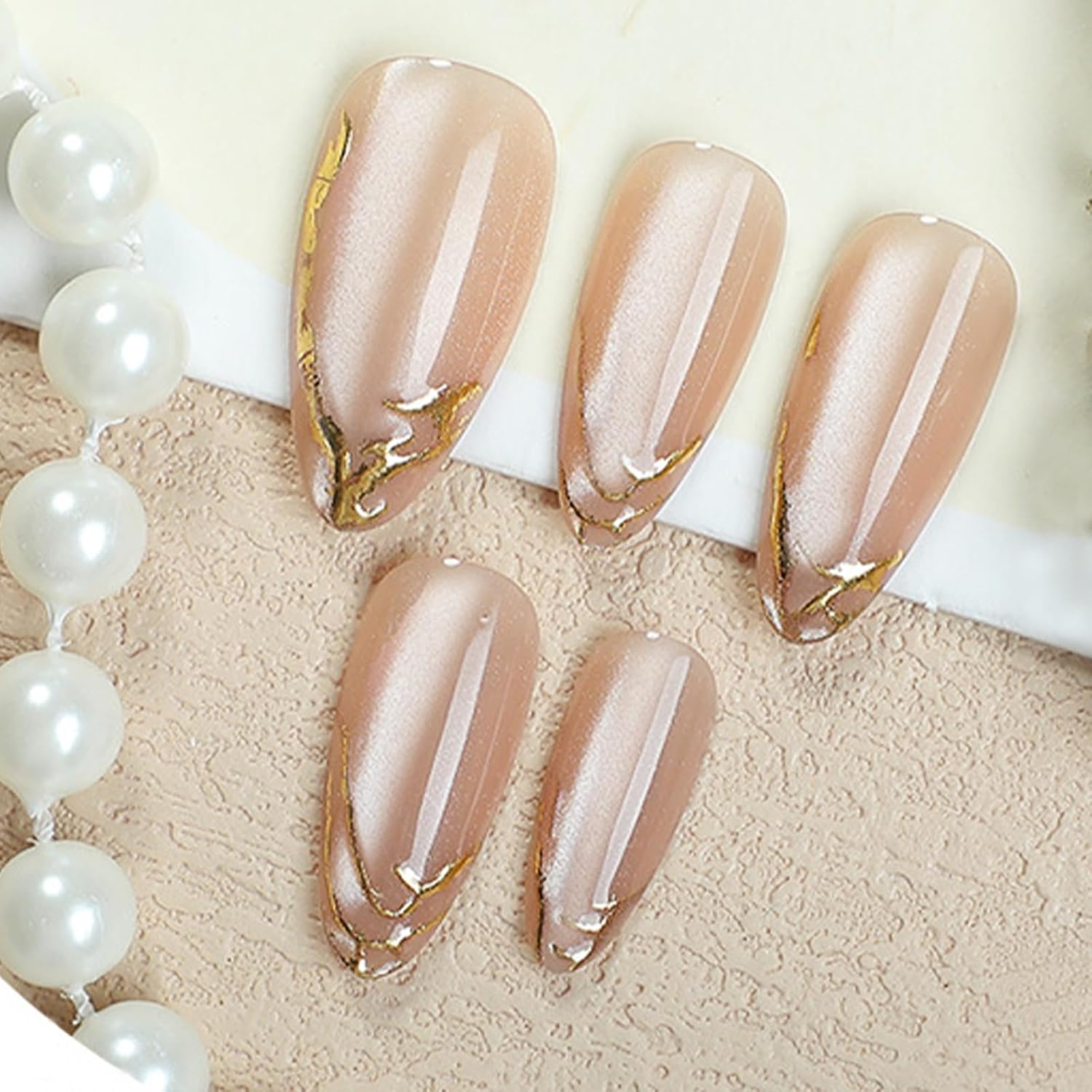 Gold French Tip Press on Nails Almond Medium Fake Nails nude pink Sparkling Fake Nails with Shiny Glitter Metal Designs Glossy False Nails for Women Girls Decoration Manicure 24Pcs