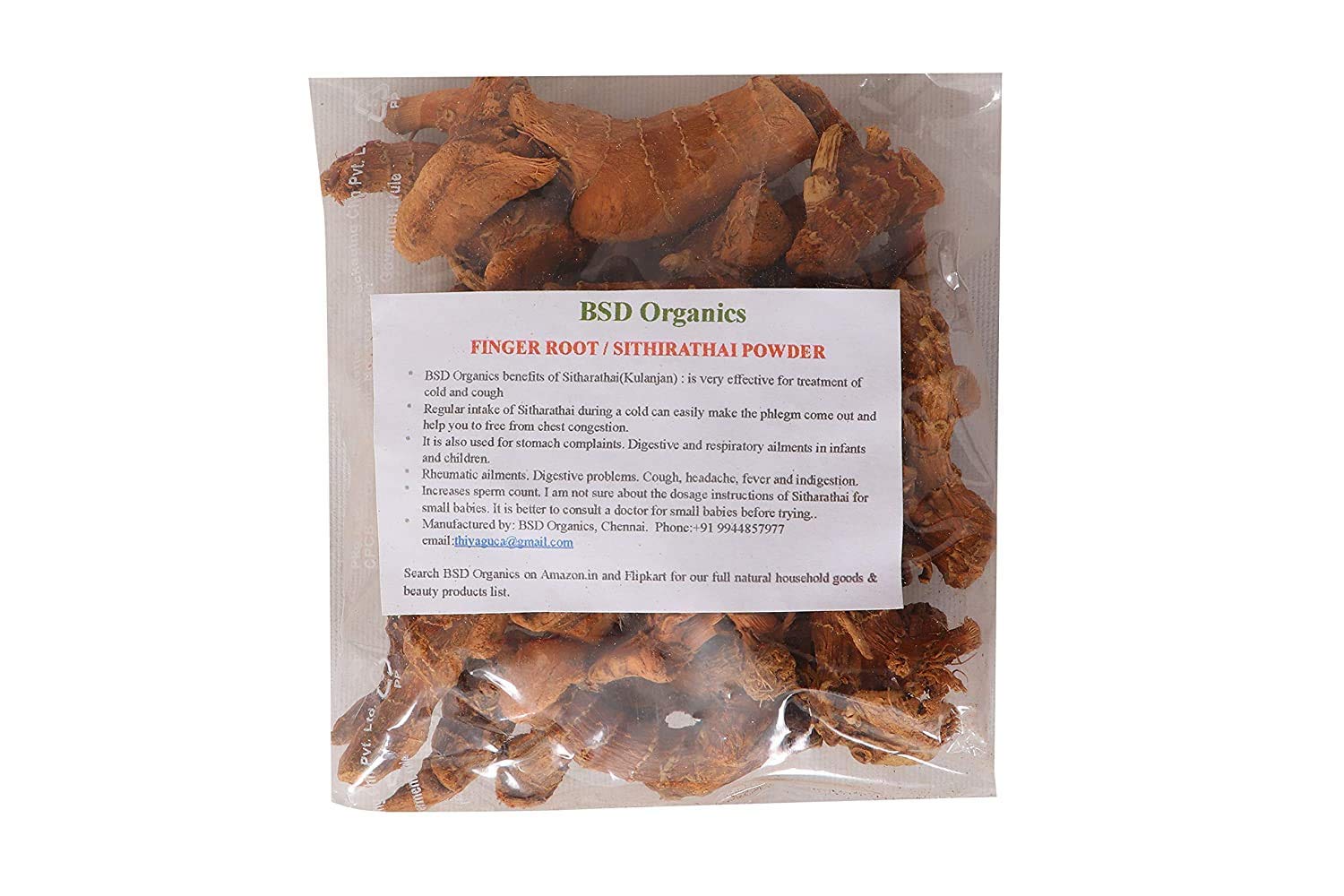 BSD Organics Finger Root/Sithirathai Dried - 100 Gram / 3.5 Ounce