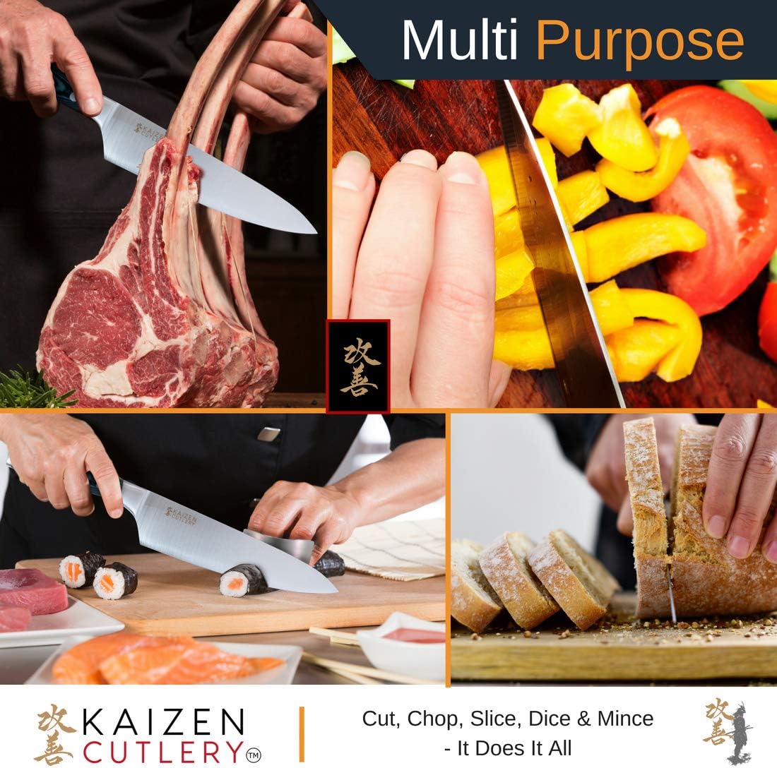 Kaizen Cutlery 3 Piece Sharp Chef Knife Bundle, 8 Inch Chefs Sushi Kitchen Knives Chef's Collection, Steel