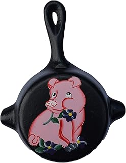 Amish Wares Black Iron Metal Skillet Wall Hanger Ashtray Miniture Decoration 4 7/8 X 6 1/4 X 7/8 Inch Bottom Painted with a Fat Pink Pig