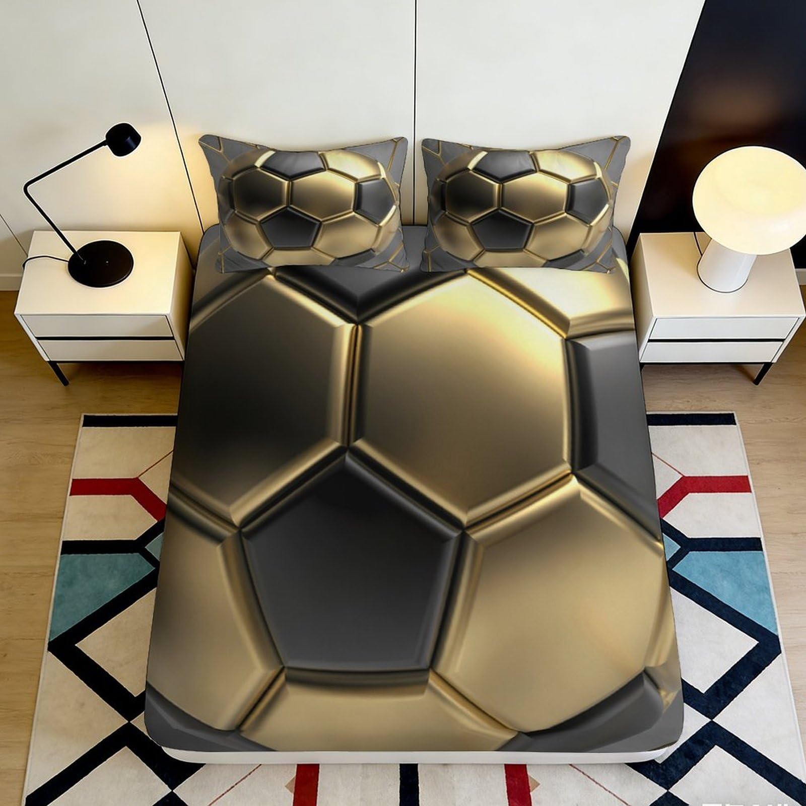 Pnayamiorkfel Style-10 3D Printed Gold Black Soccer Ball Fitted Sheet Microfiber Anti-Slip Machine Washable Bed Cover For Bedroom Guest Room Decor 90X200x25cm