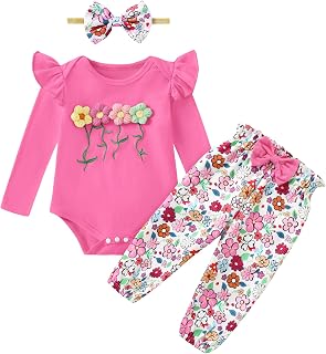 Baby Girl Outfits Long Sleeve Ruffle Romper and Pants Sets 0-18M | Long-sleeve ruffle romper and elastic-waist pants coordinate for diaper changes, daily wear, photos, gifts and holidays.