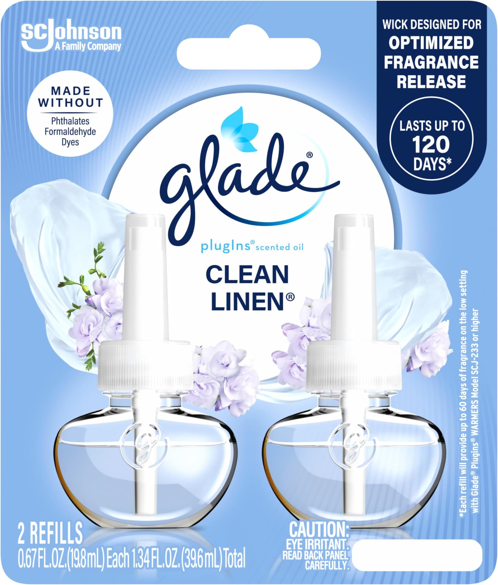 Glade PlugIns Refills Air Freshener, Scented and Essential Oils for Home and Bathroom, Clean Linen, 1.34 Fl Oz, 2 Count