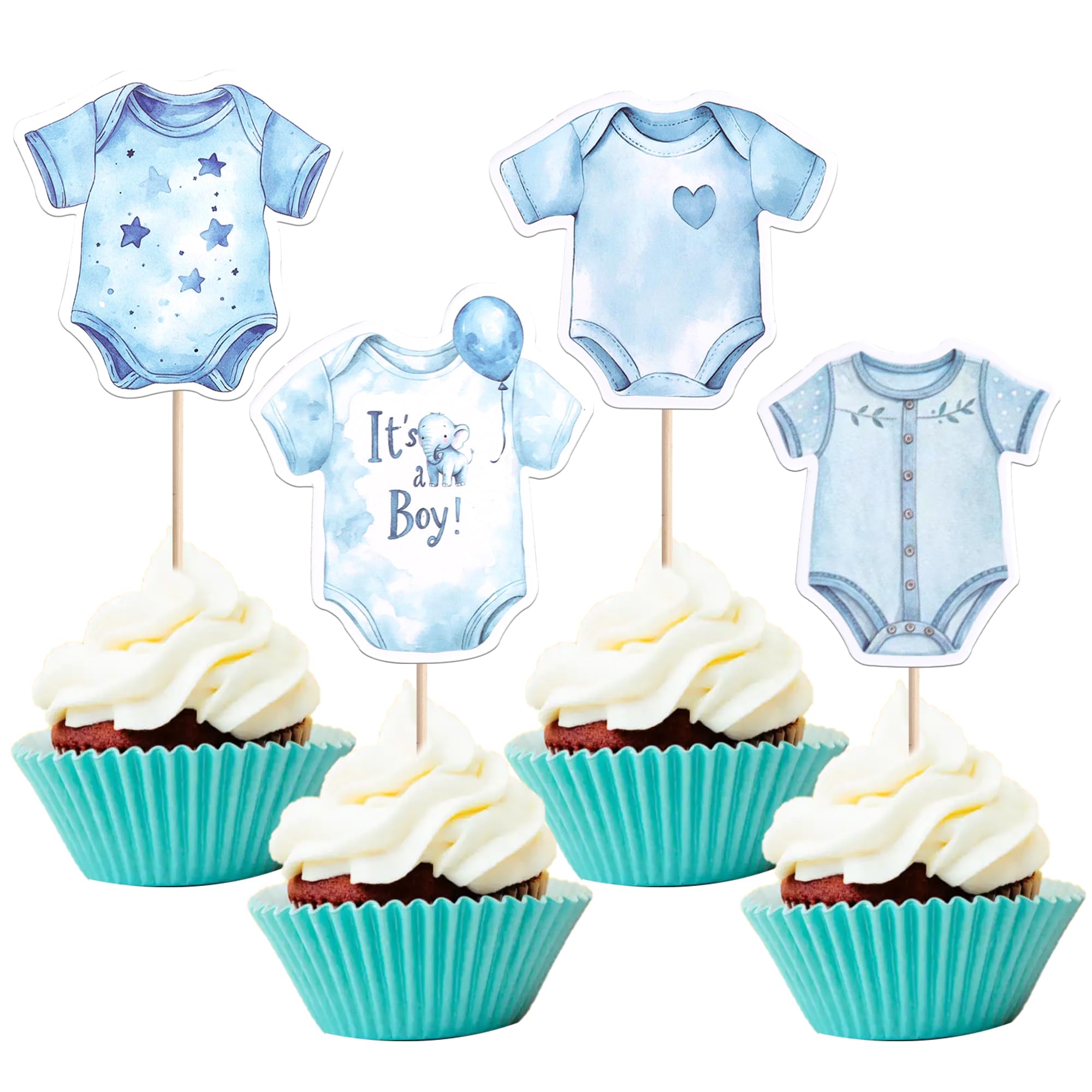 36 Stück Blau Körperanzug Tortendeko Doppel Seitige Jumpsuits Cupcake Toppers It's a Boy Baby Dusche Kuchen Deko für Geschlecht Offenbaren Thema Jungen Party Kuchen Dekorationen Blau