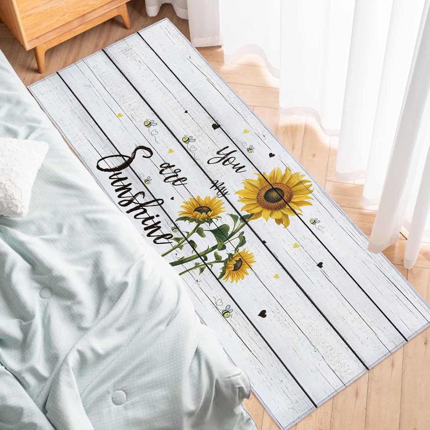 Z&L Home Kitchen Rug Sets 2 Piece Floor Mats Non-Slip Rubber Backing Area Runners Sunflowers Bee on Wooden Doormat You are My Sunshine Indoor Washable Carpet Door Mat Pad
