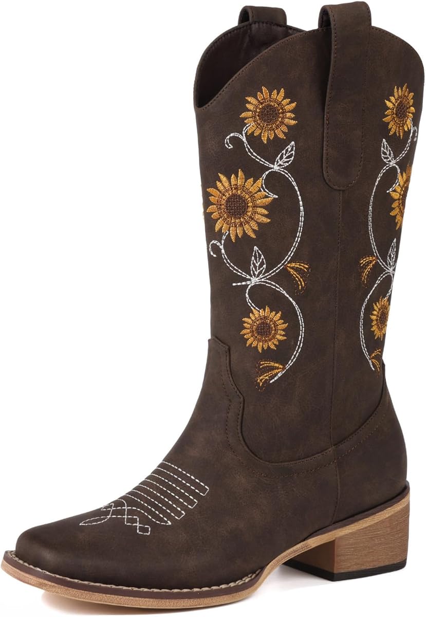 Amazon.com | Bybmorto Brown Cowboy Boots for Women - Mid Calf Western Sunflower Cowgirl Boots with Floral Embroidery, Square Toe Stitched Pull On Retro Design, Perfect for Country Idyll, Concerts and More Size 8 | Mid-Calf